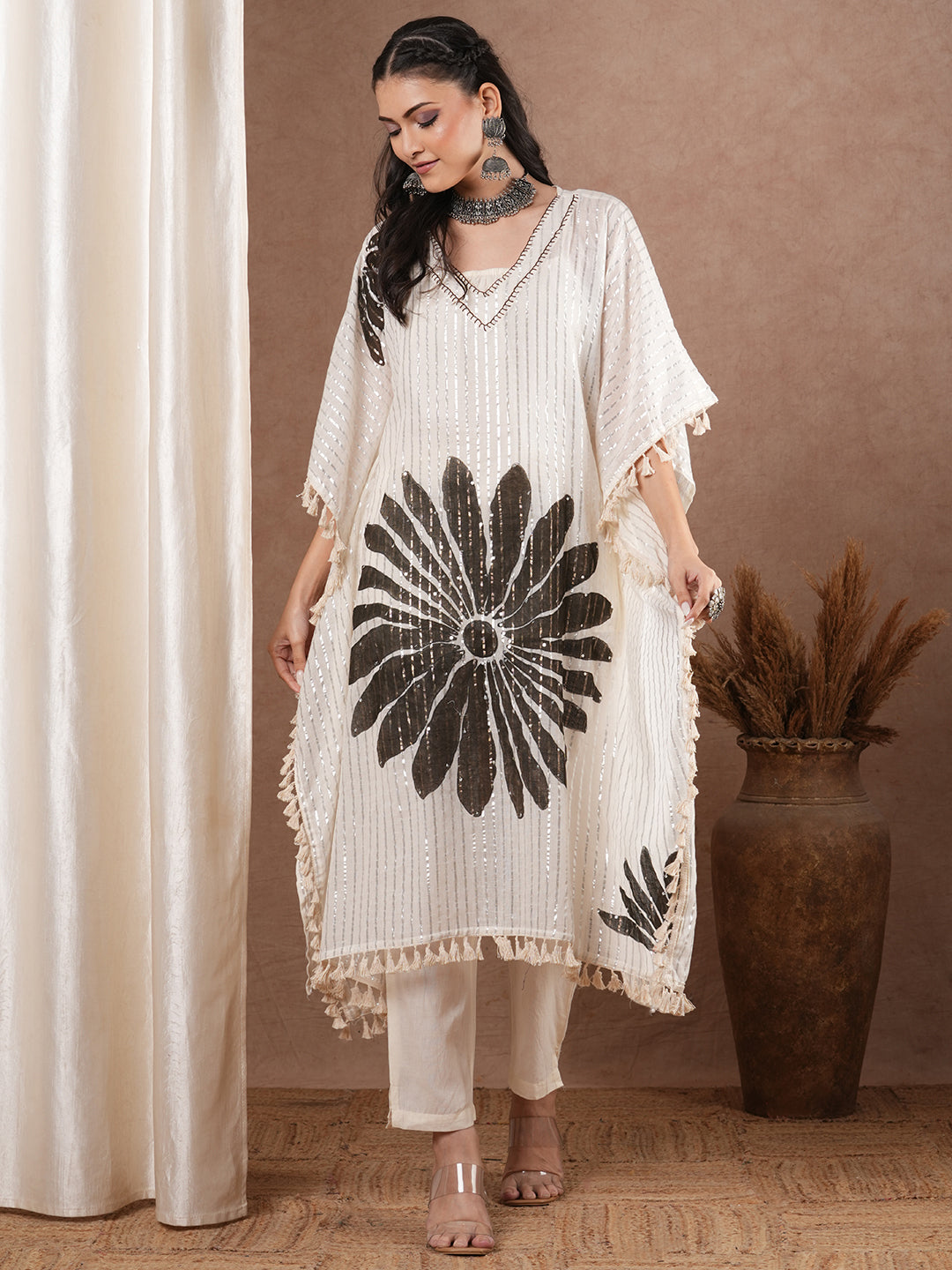 Lurex Striped Floral Printed Embroidered Kaftan Kurta with Pant - White