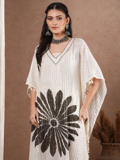 Lurex Striped Floral Printed Embroidered Kaftan Kurta with Pant - White