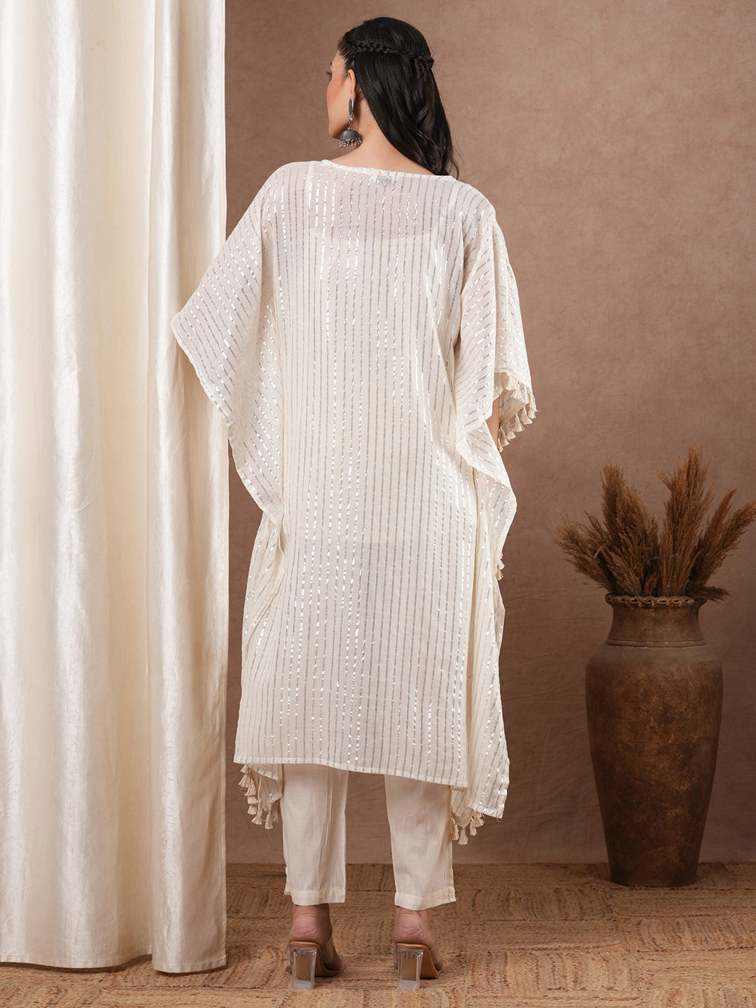 Lurex Striped Floral Printed Embroidered Kaftan Kurta with Pant - White