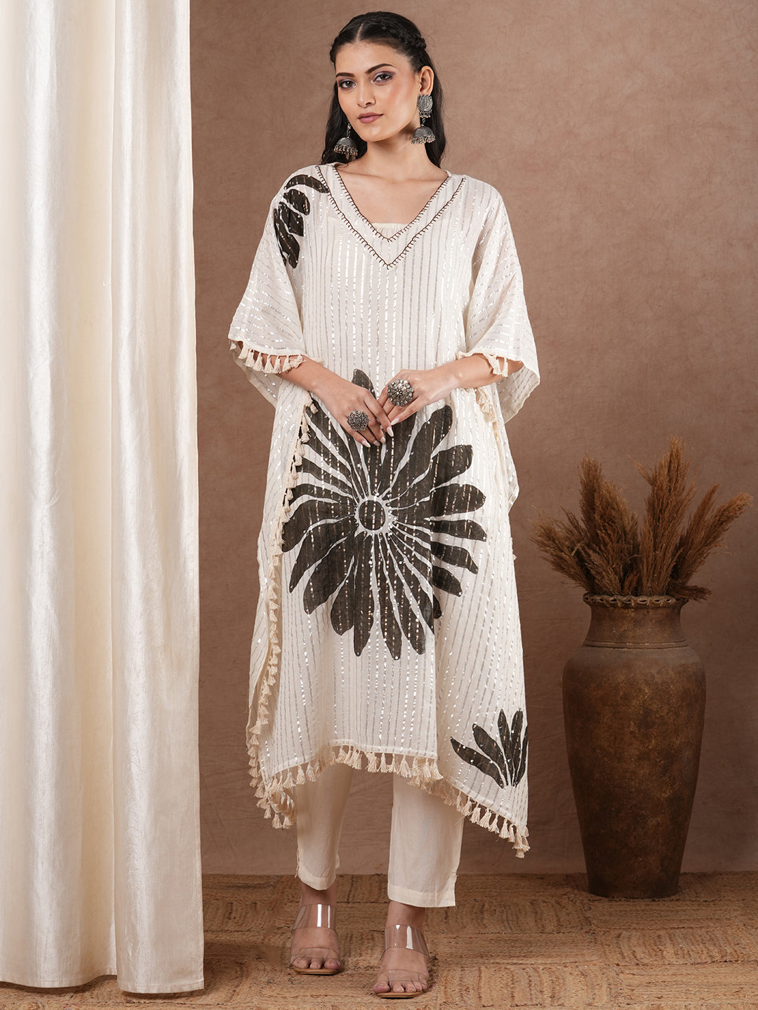 Lurex Striped Floral Printed Embroidered Kaftan Kurta with Pant - White