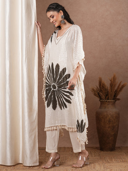 Lurex Striped Floral Printed Embroidered Kaftan Kurta with Pant - White