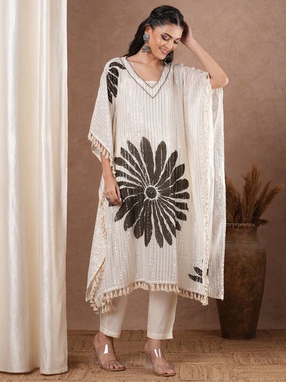 Lurex Striped Floral Printed Embroidered Kaftan Kurta with Pant - White