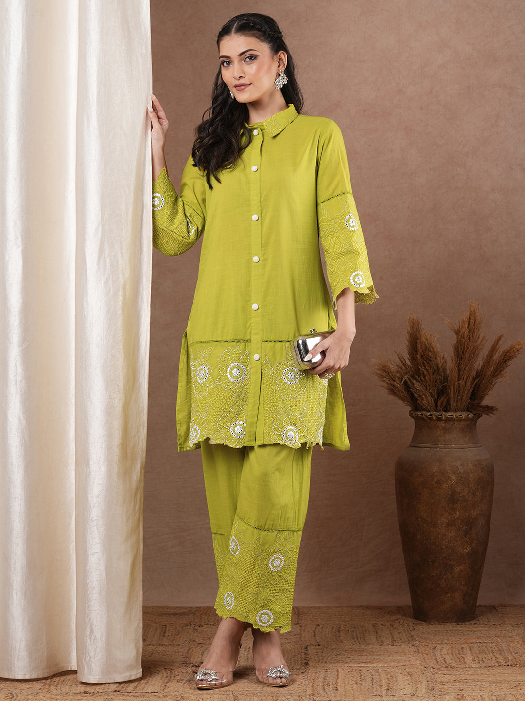 Solid Floral Embroidered Straight Fit Co-ord Set - Lime Green