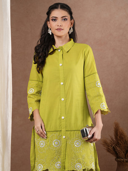 Solid Floral Embroidered Straight Fit Co-ord Set - Lime Green