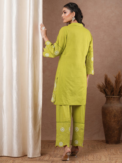 Solid Floral Embroidered Straight Fit Co-ord Set - Lime Green