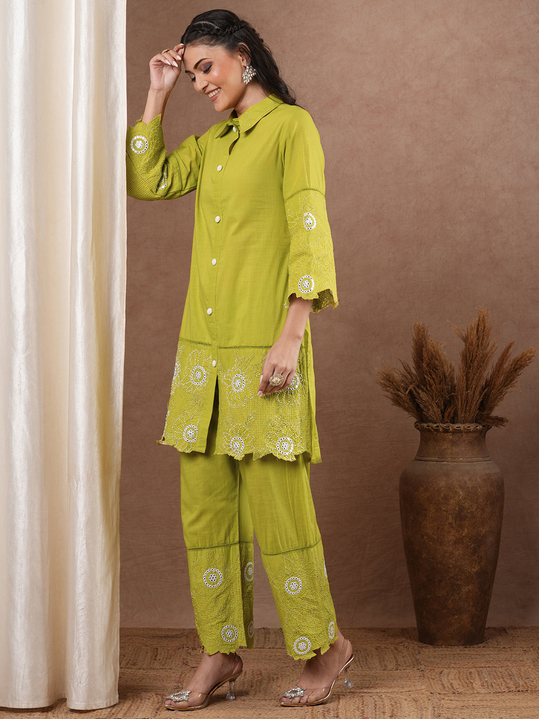 Solid Floral Embroidered Straight Fit Co-ord Set - Lime Green