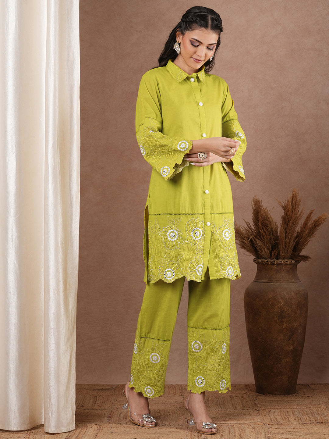 Solid Floral Embroidered Straight Fit Co-ord Set - Lime Green