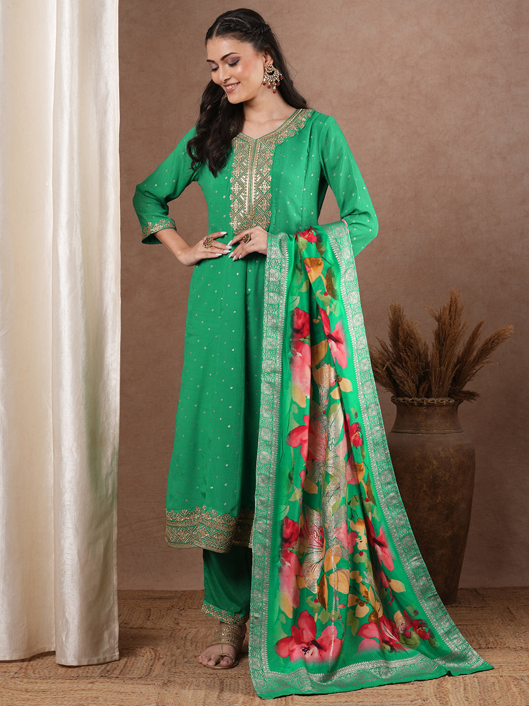 Solid Foil Printed Embroidered Anarkali Flared Kurta with Pant and Printed Dupatta - Green