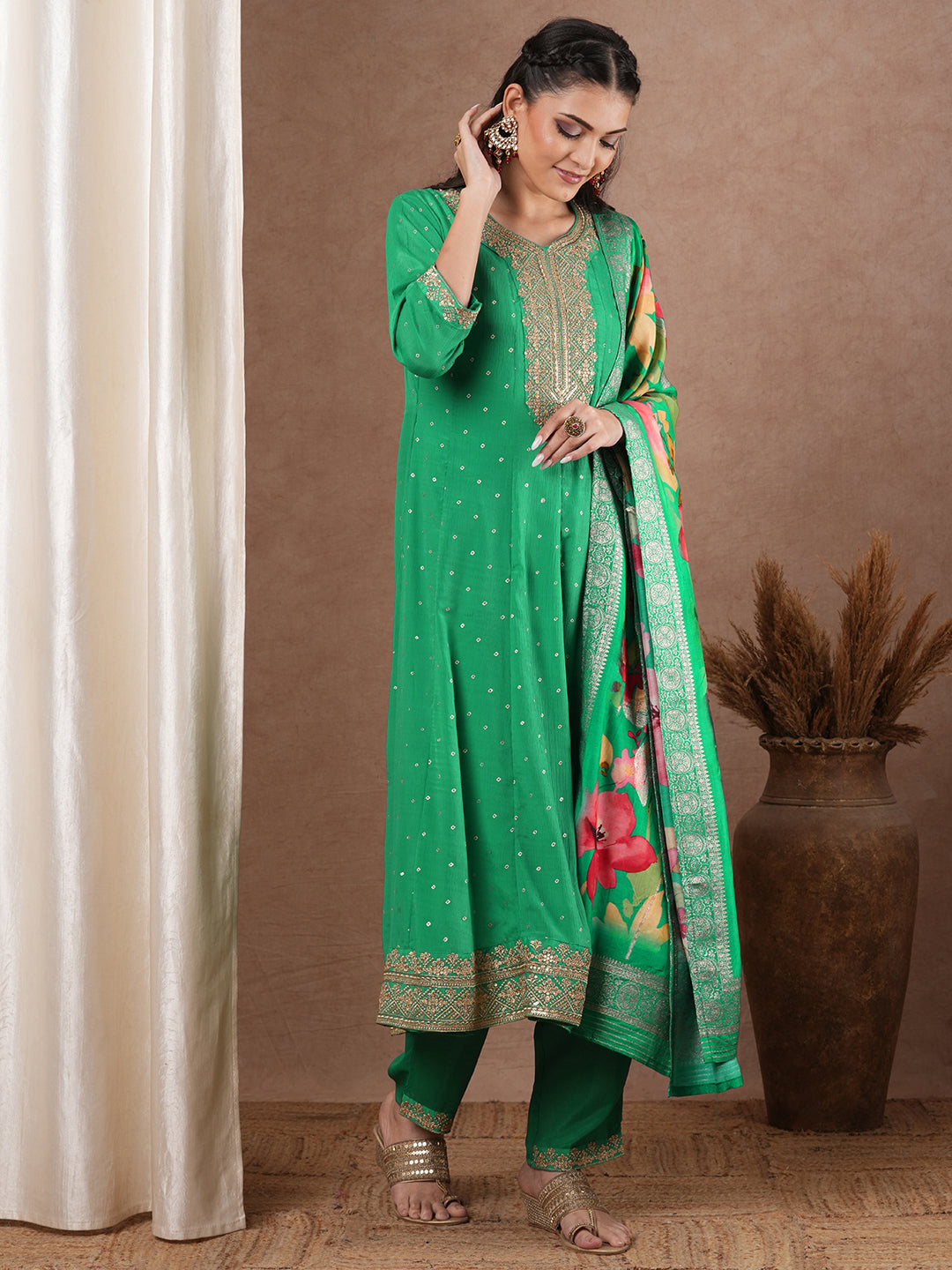 Solid Foil Printed Embroidered Anarkali Flared Kurta with Pant and Printed Dupatta - Green