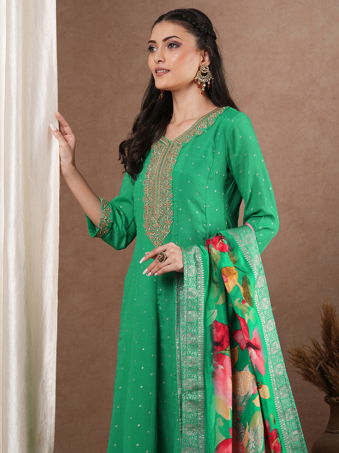 Solid Foil Printed Embroidered Anarkali Flared Kurta with Pant and Printed Dupatta - Green