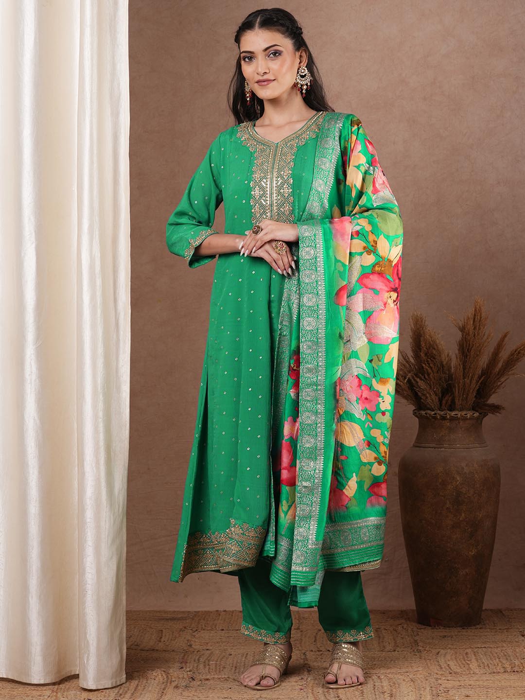 Solid Foil Printed Embroidered Anarkali Flared Kurta with Pant and Printed Dupatta - Green