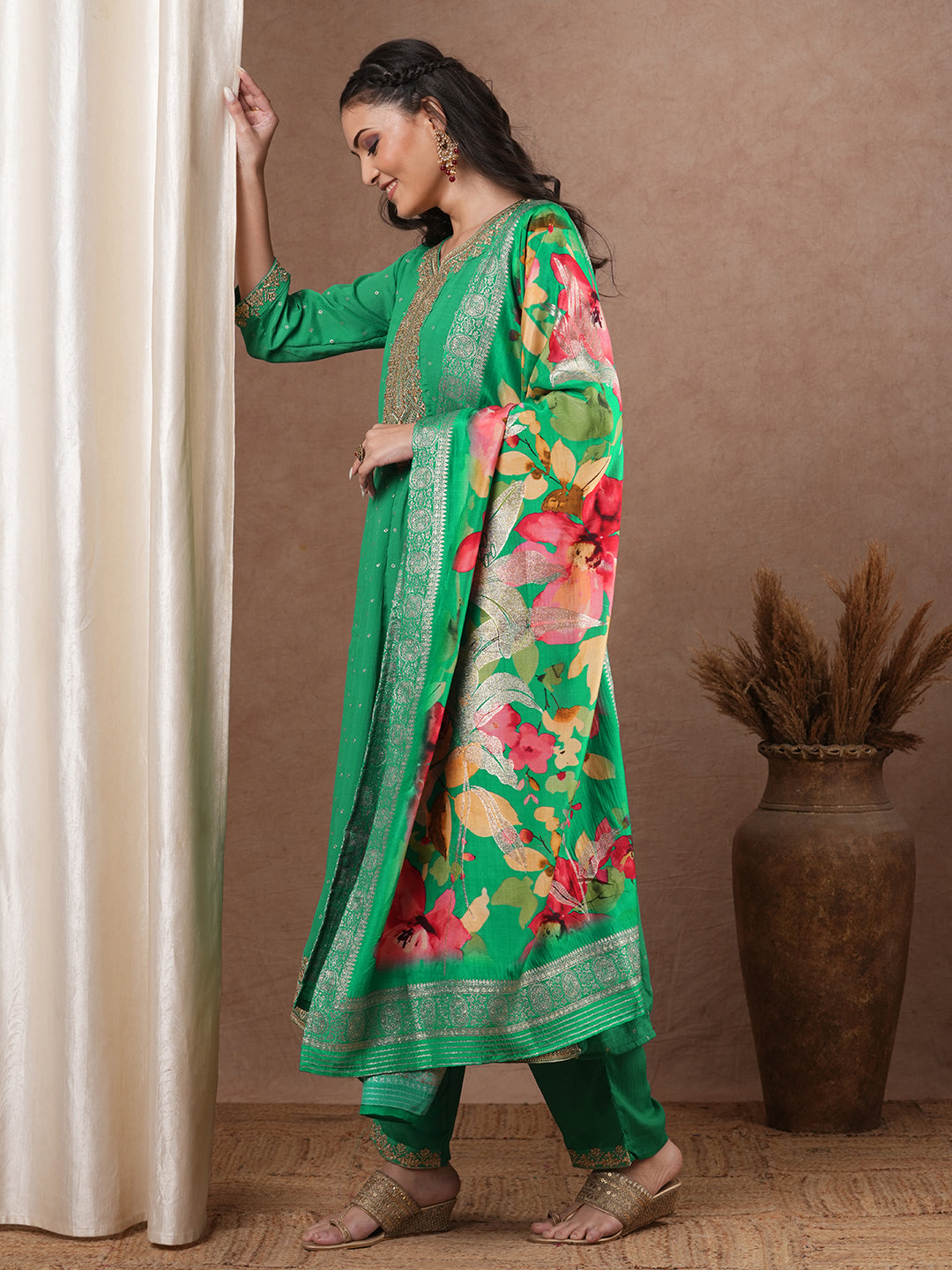 Solid Foil Printed Embroidered Anarkali Flared Kurta with Pant and Printed Dupatta - Green