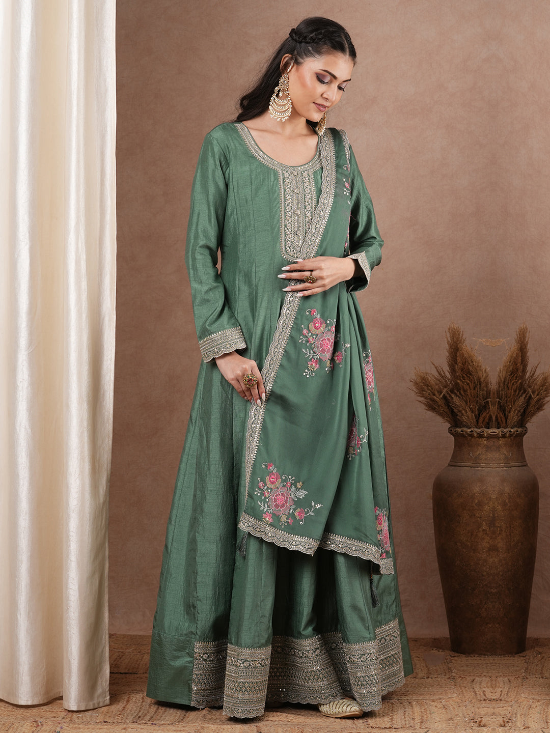 Solid Ethnic Embroidered Anarkali Flared Maxi Dress with Dupatta - Green