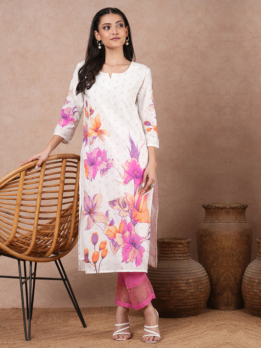 Ethnic Floral Printed Straight Fit Kurta - White