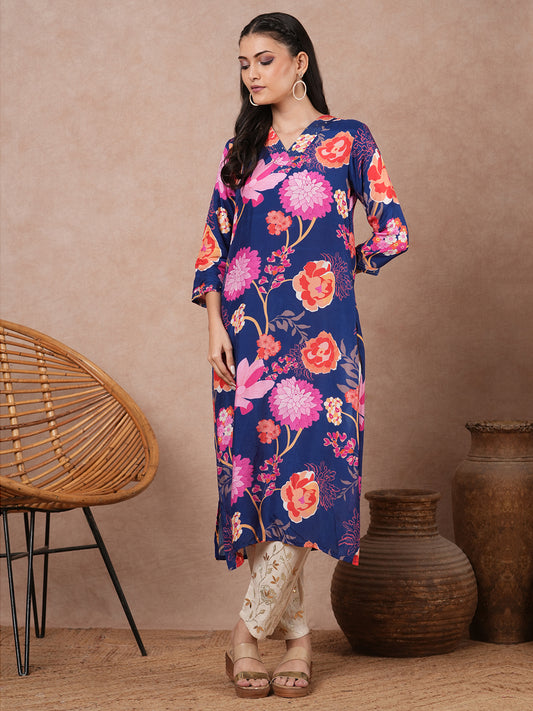 Abstract Floral Printed Straight Fit Kurta - Blue