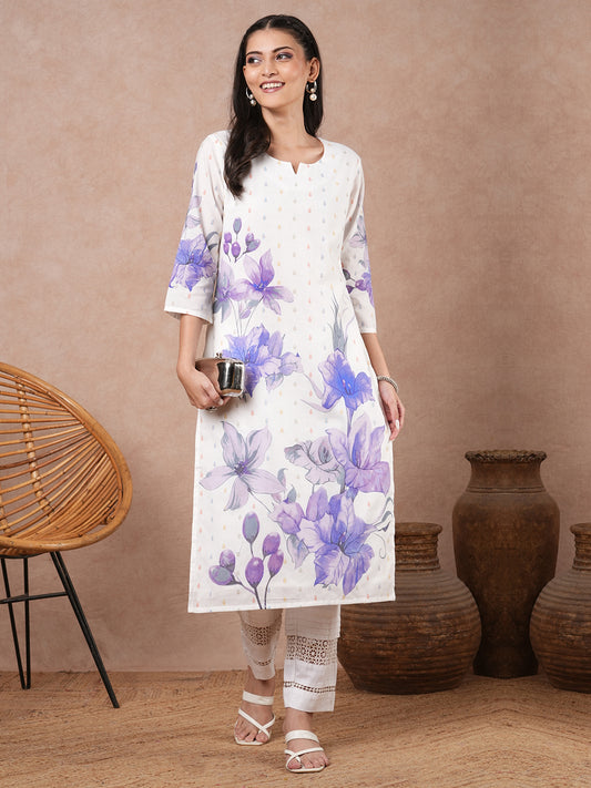 Ethnic Floral Printed Straight Fit Kurta - White