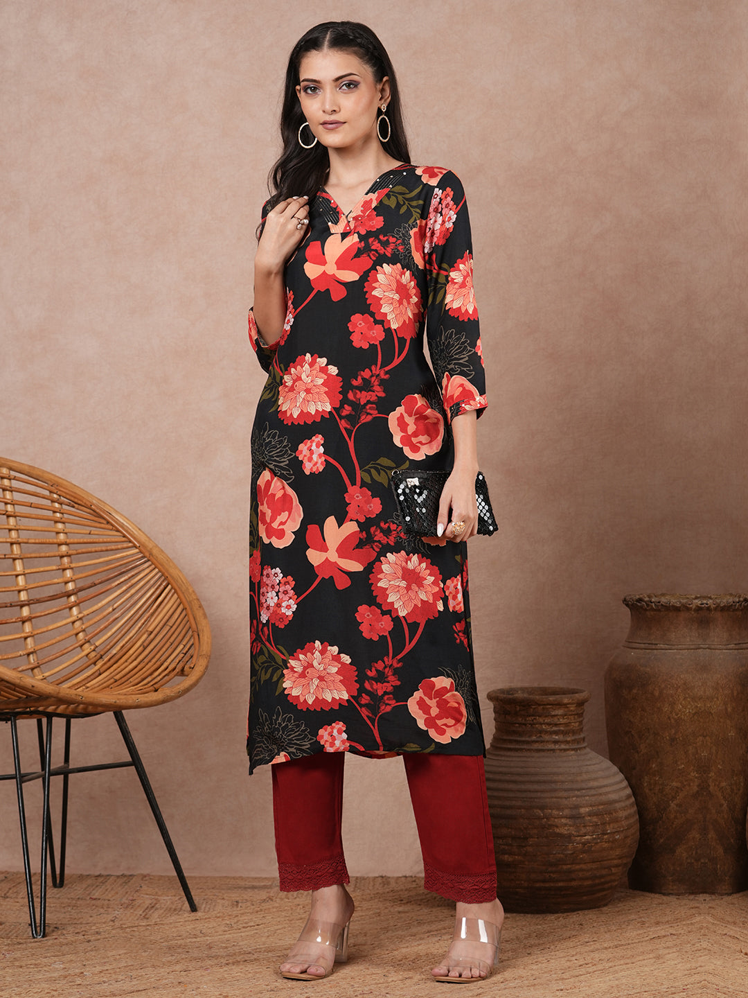 Abstract Floral Printed Straight Fit Kurta - Black