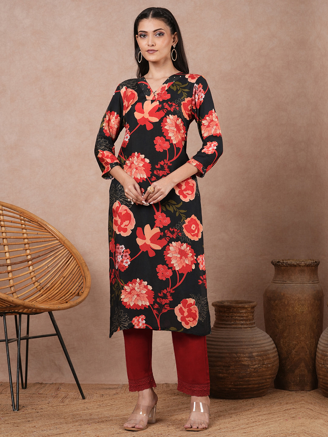 Abstract Floral Printed Straight Fit Kurta - Black