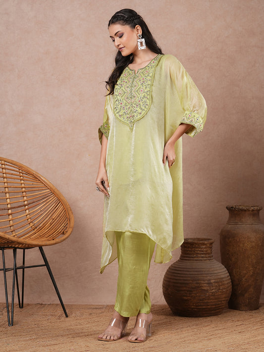 Solid Ethnic Embroidered Kaftan Kurta with Pant - Green