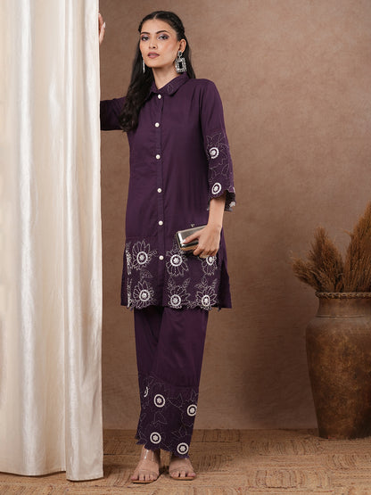 Solid Floral Embroidered Straight Fit Co-ord Set - Purple