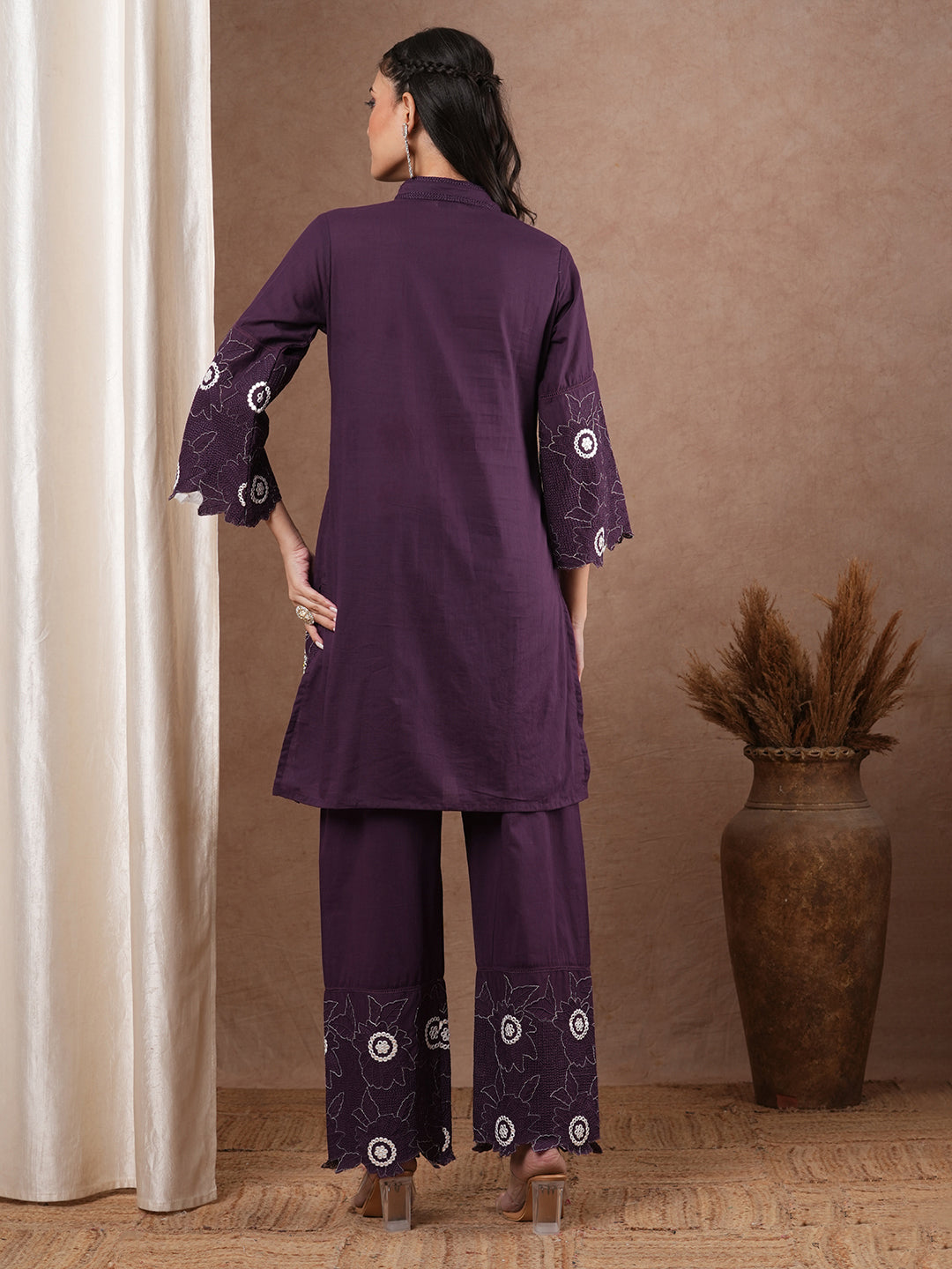 Solid Floral Embroidered Straight Fit Co-ord Set - Purple