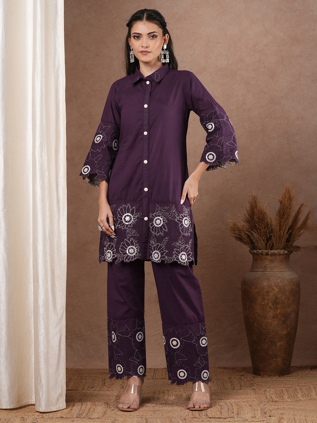 Solid Floral Embroidered Straight Fit Co-ord Set - Purple