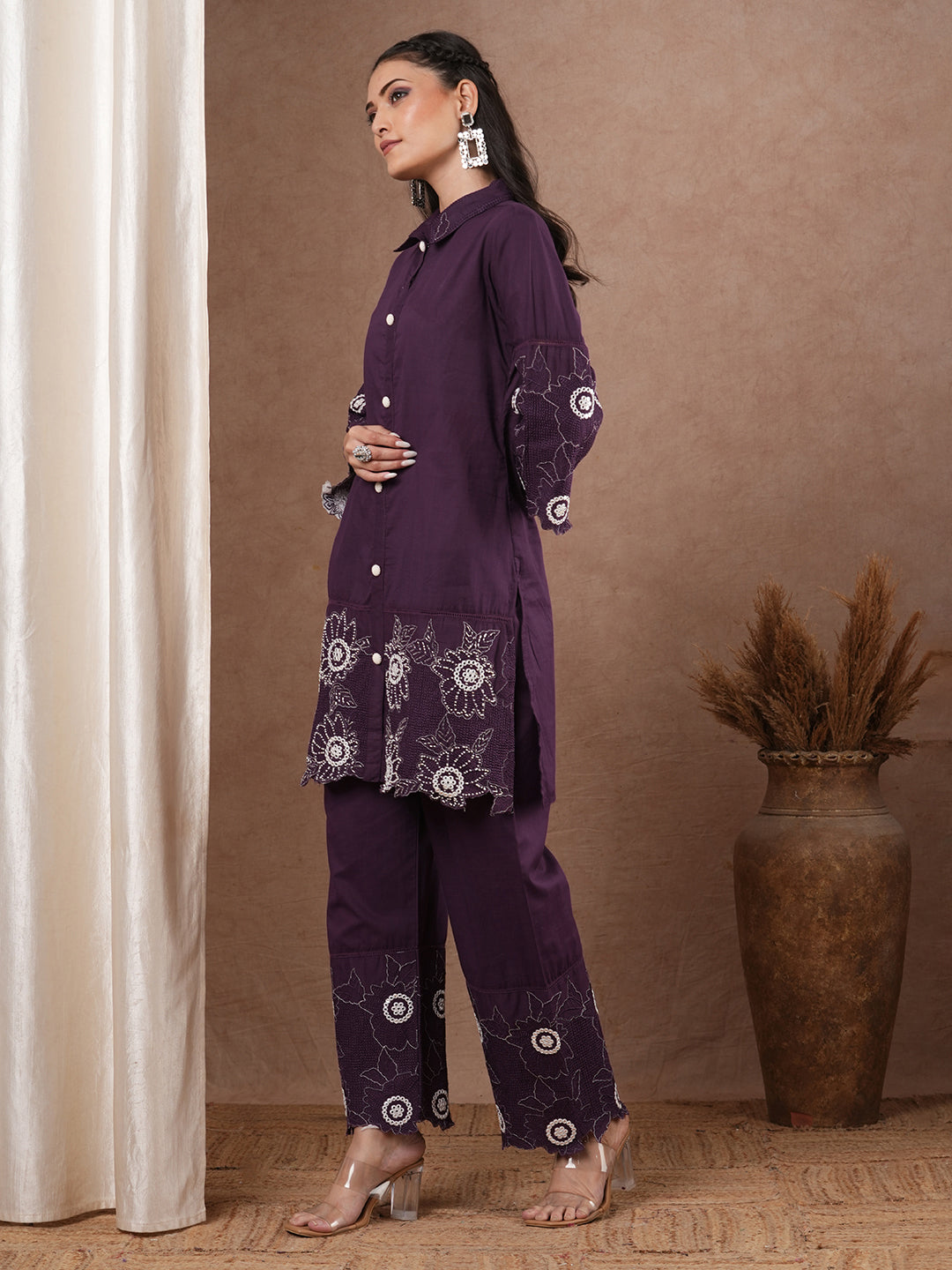 Solid Floral Embroidered Straight Fit Co-ord Set - Purple