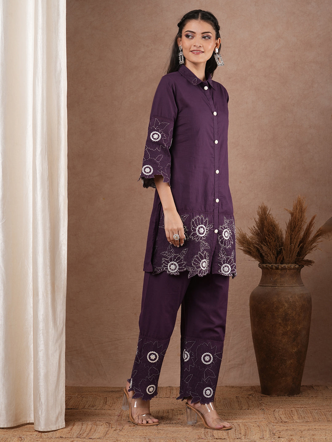 Solid Floral Embroidered Straight Fit Co-ord Set - Purple