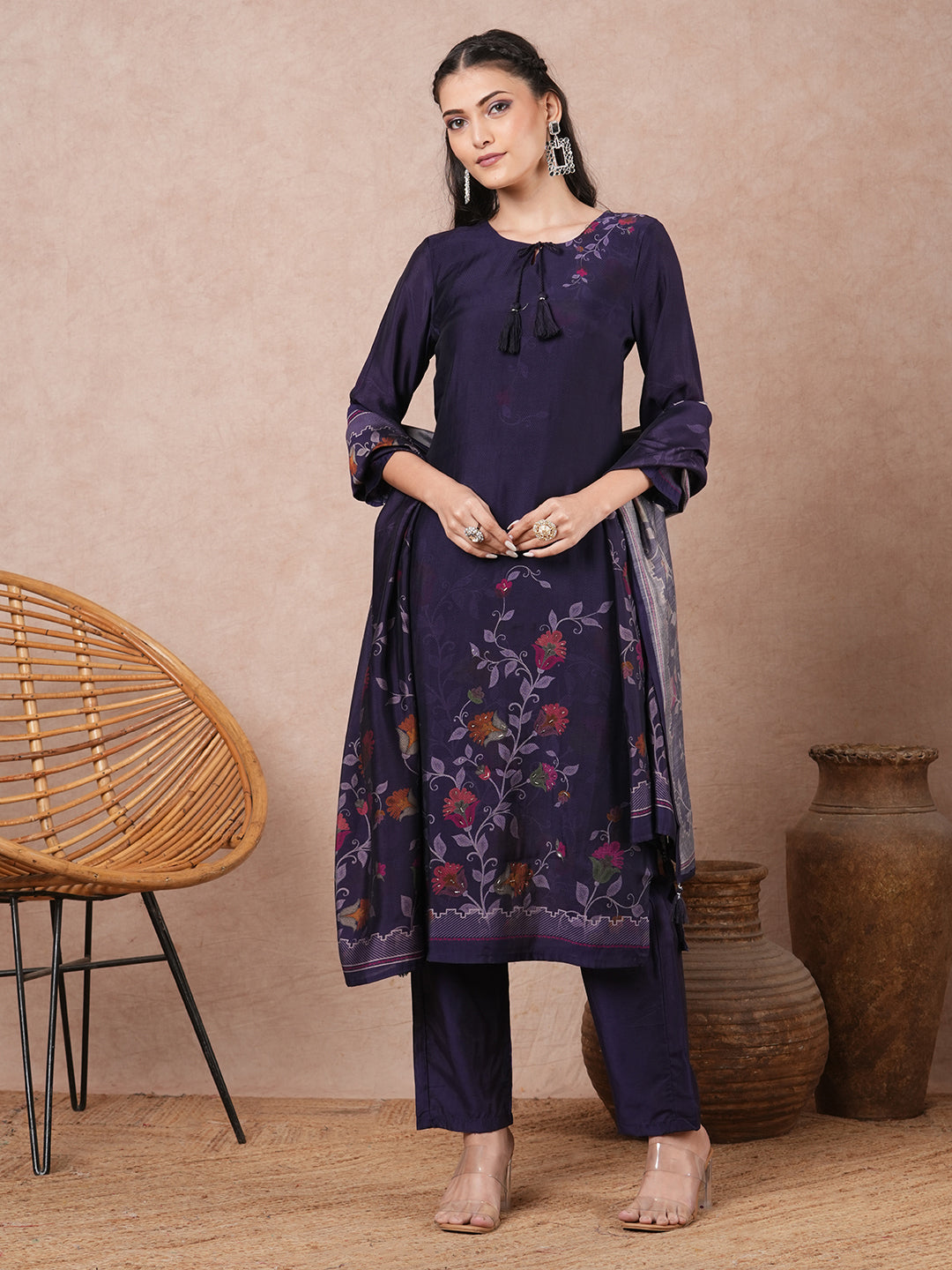 Floral Printed & Embroidered Straight Kurta with Pant & Dupatta - Purple