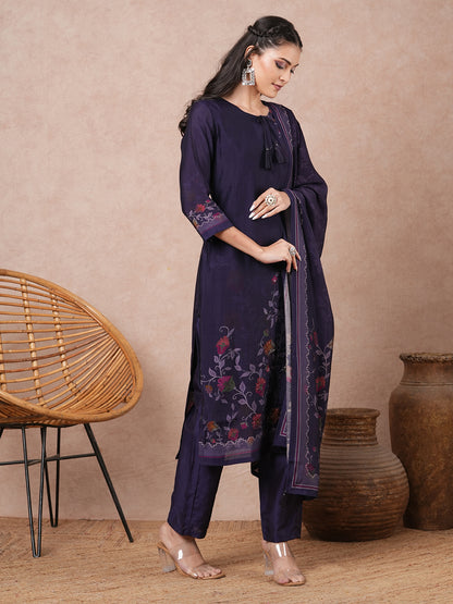 Floral Printed & Embroidered Straight Kurta with Pant & Dupatta - Purple