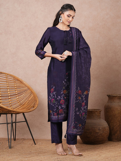 Floral Printed & Embroidered Straight Kurta with Pant & Dupatta - Purple