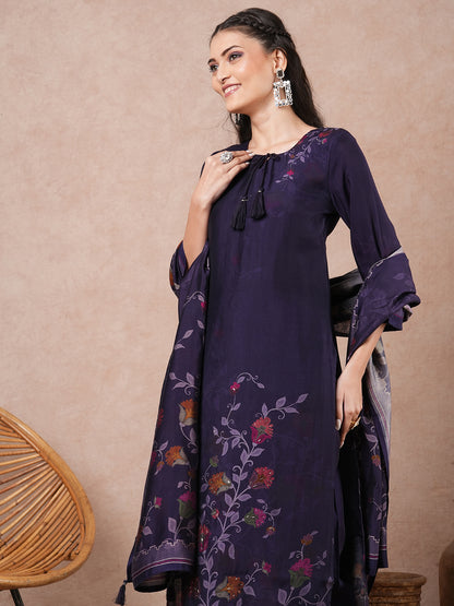 Floral Printed & Embroidered Straight Kurta with Pant & Dupatta - Purple