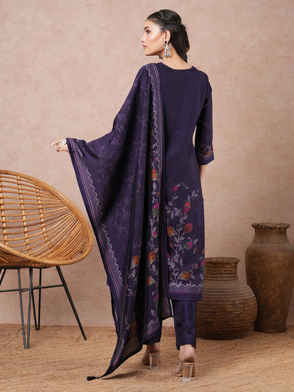 Floral Printed & Embroidered Straight Kurta with Pant & Dupatta - Purple