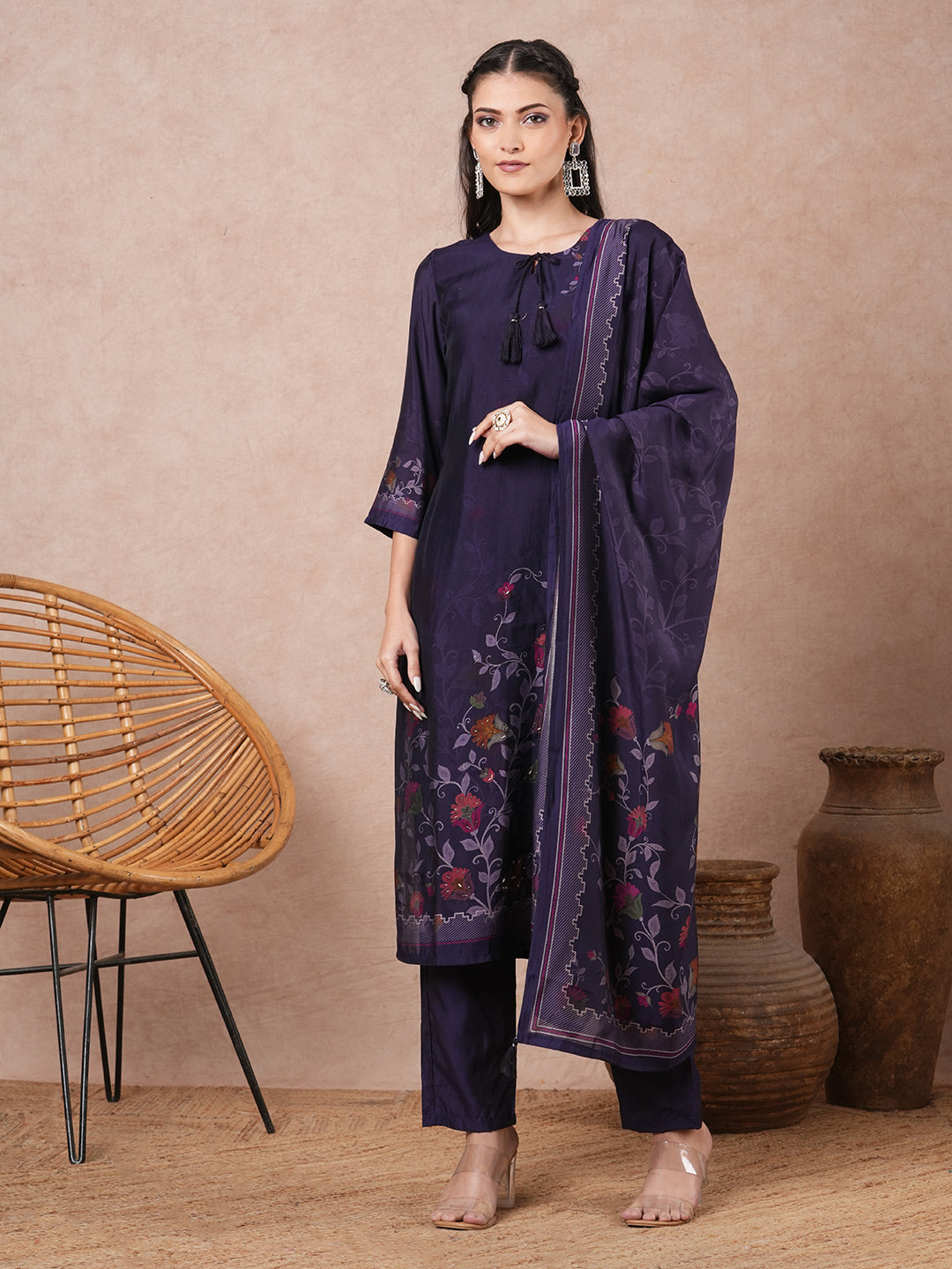 Floral Printed & Embroidered Straight Kurta with Pant & Dupatta - Purple