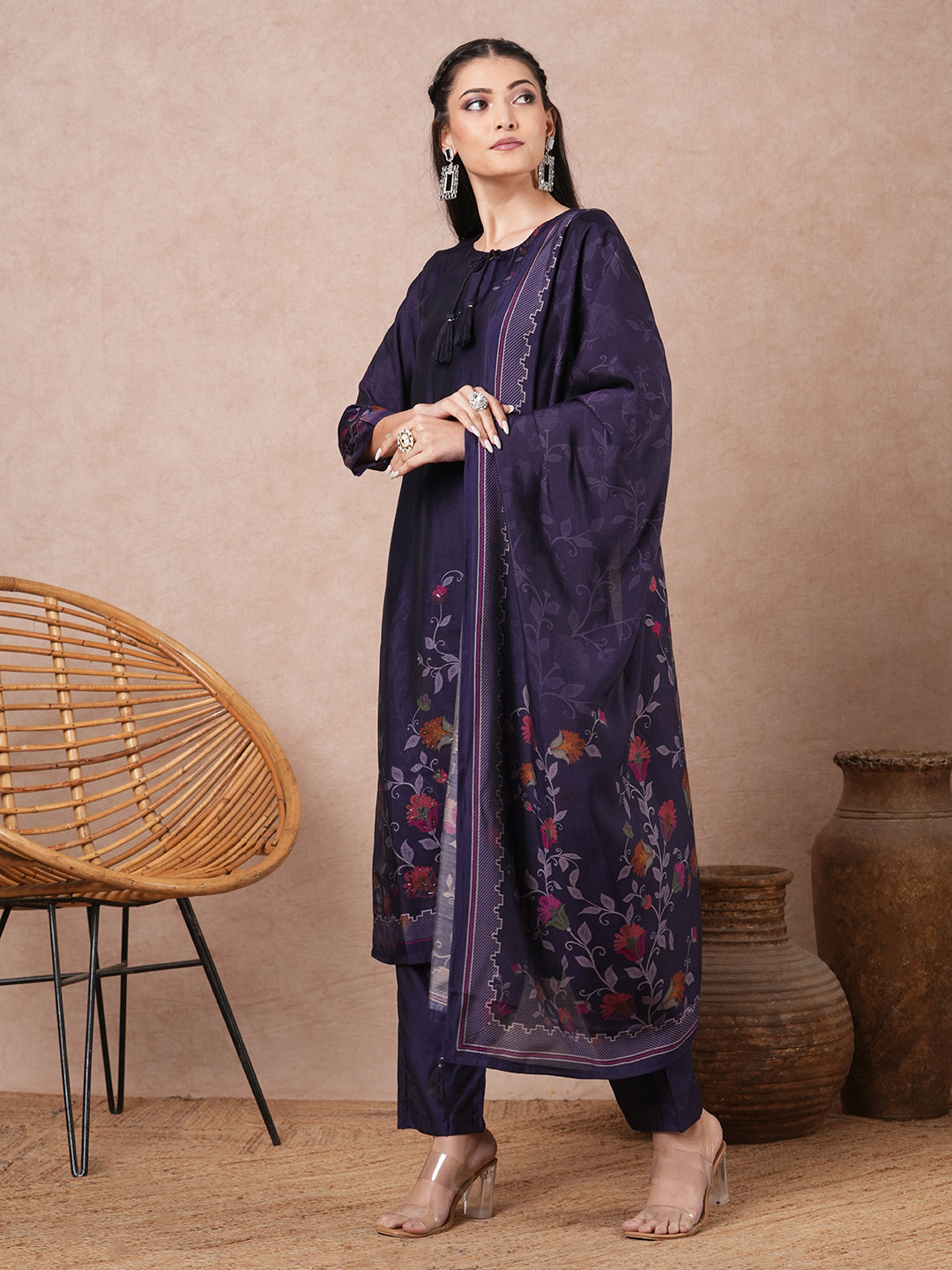 Floral Printed & Embroidered Straight Kurta with Pant & Dupatta - Purple