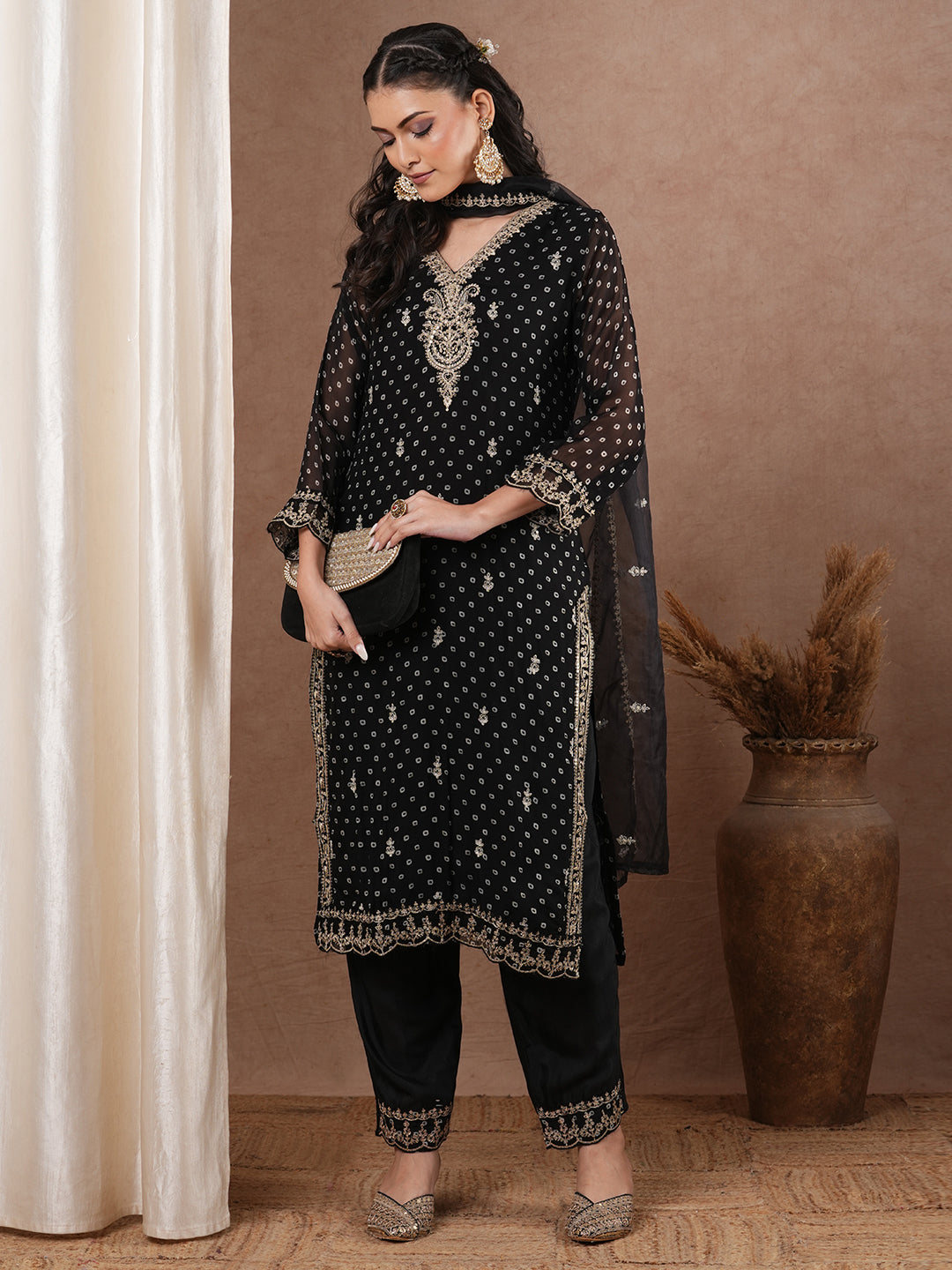 Bandhani Printed & Embroidered Straight Kurta with Pant & Dupatta - Black