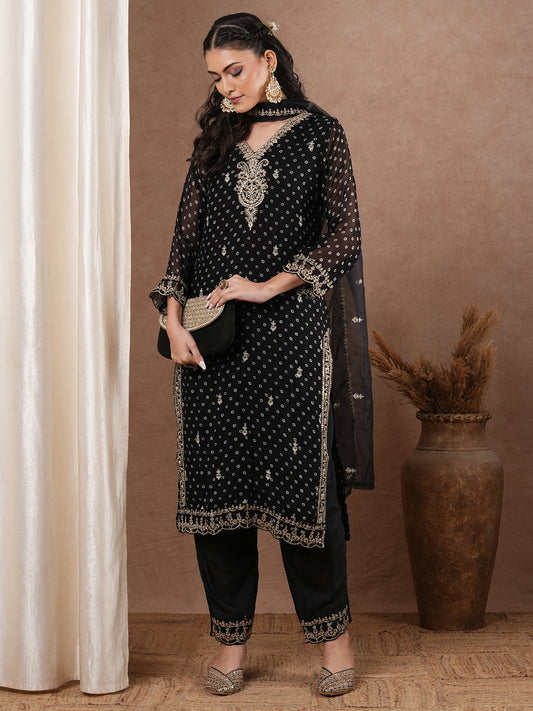 Bandhani Printed & Embroidered Straight Kurta with Pant & Dupatta - Black