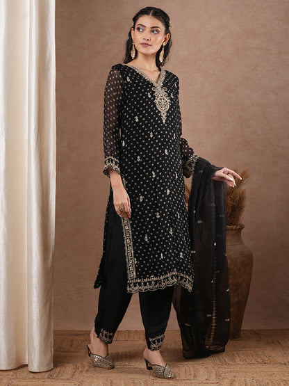 Bandhani Printed & Embroidered Straight Kurta with Pant & Dupatta - Black