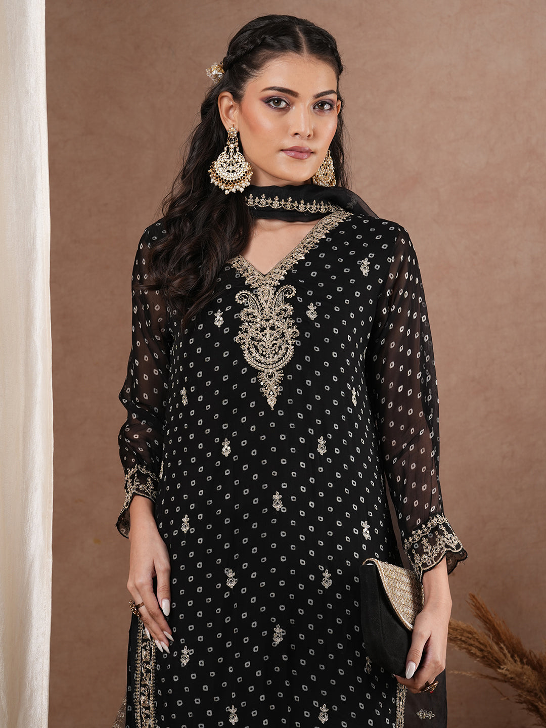 Bandhani Printed & Embroidered Straight Kurta with Pant & Dupatta - Black