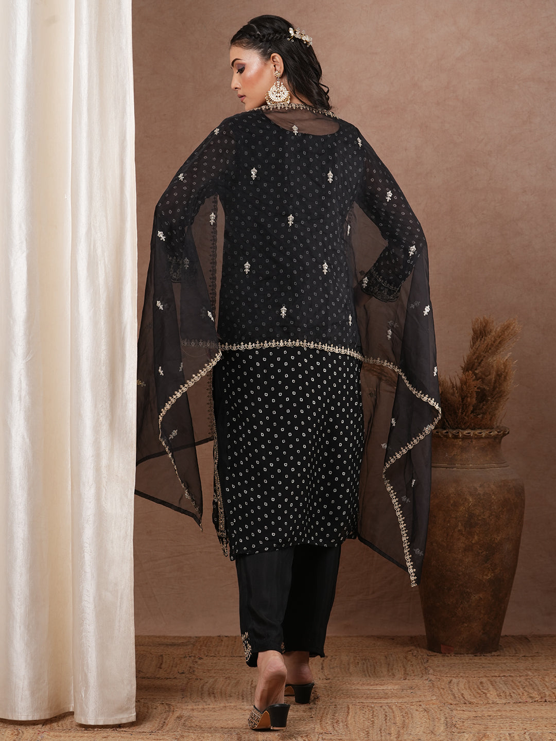 Bandhani Printed & Embroidered Straight Kurta with Pant & Dupatta - Black