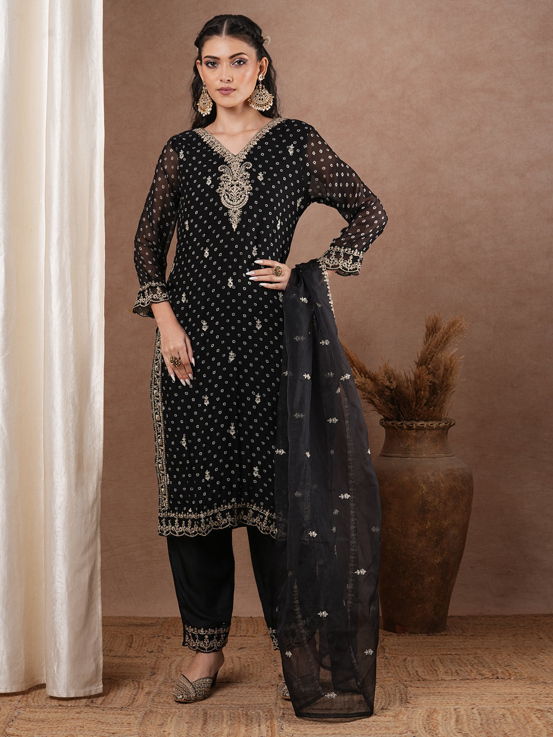 Bandhani Printed & Embroidered Straight Kurta with Pant & Dupatta - Black