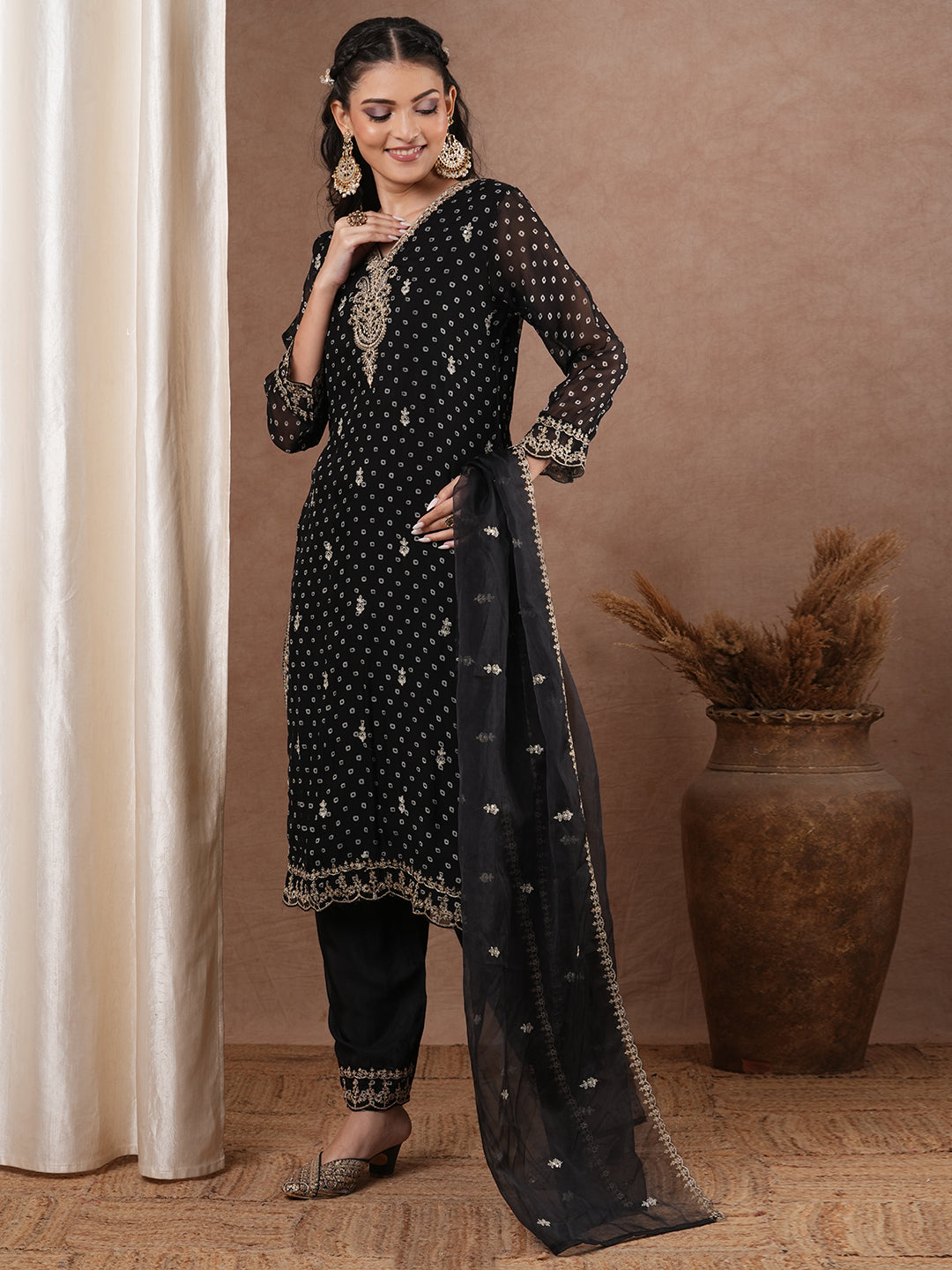 Bandhani Printed & Embroidered Straight Kurta with Pant & Dupatta - Black