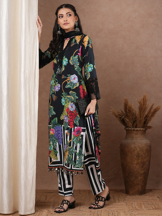 Abstract Tropical Printed & Embroidered Straight Kurta with Pant & Dupatta - Black