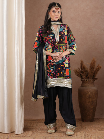 Abstract Floral Printed & Embroidered Straight Kurta with Pant & Dupatta - Black