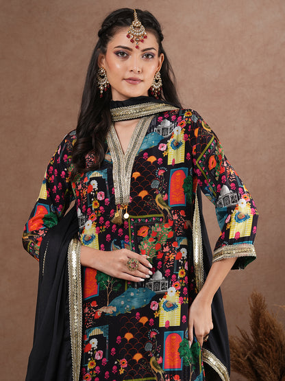 Abstract Floral Printed & Embroidered Straight Kurta with Pant & Dupatta - Black