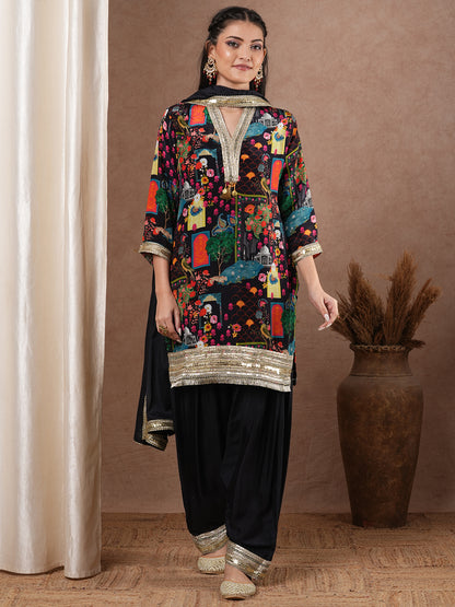 Abstract Floral Printed & Embroidered Straight Kurta with Pant & Dupatta - Black