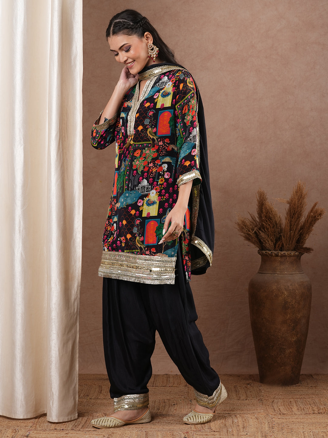 Abstract Floral Printed & Embroidered Straight Kurta with Pant & Dupatta - Black