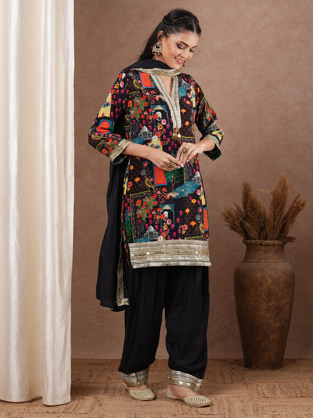 Abstract Floral Printed & Embroidered Straight Kurta with Pant & Dupatta - Black