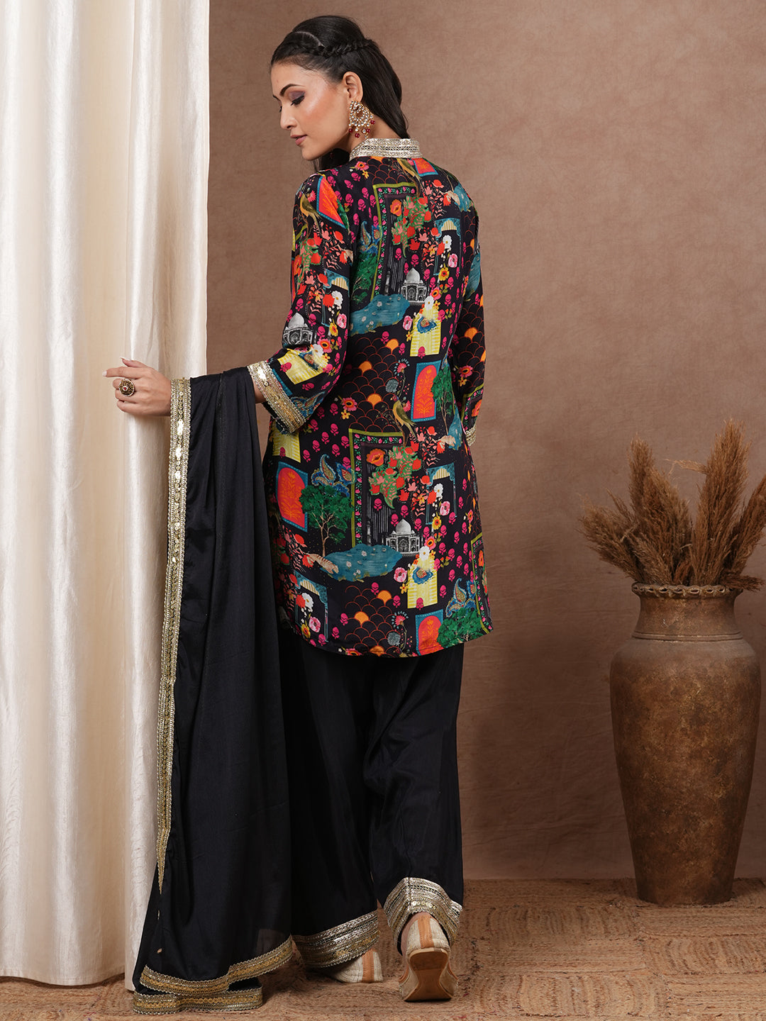 Abstract Floral Printed & Embroidered Straight Kurta with Pant & Dupatta - Black