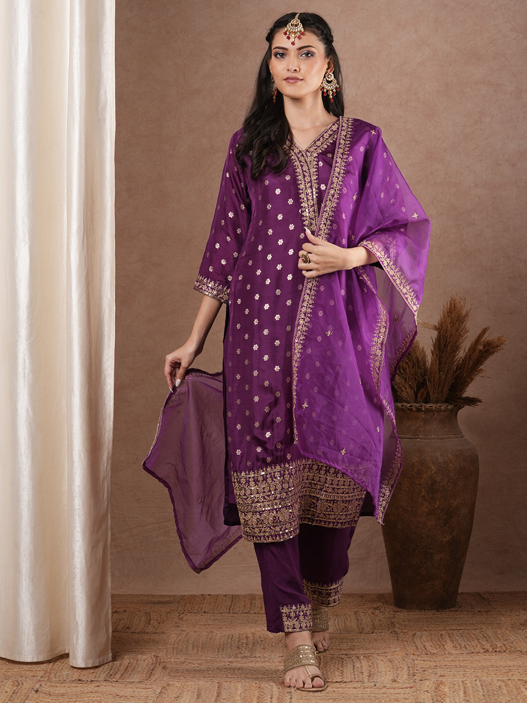 Solid Ethnic Woven & Embroidered Straight Kurta with Pant & Dupatta - Purple